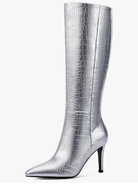 Silver Croc-Embossed Pointed-Toe Knee Boot